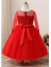 Beaded Red Lace Tulle Flower Girl Dress Birthday Party Dress